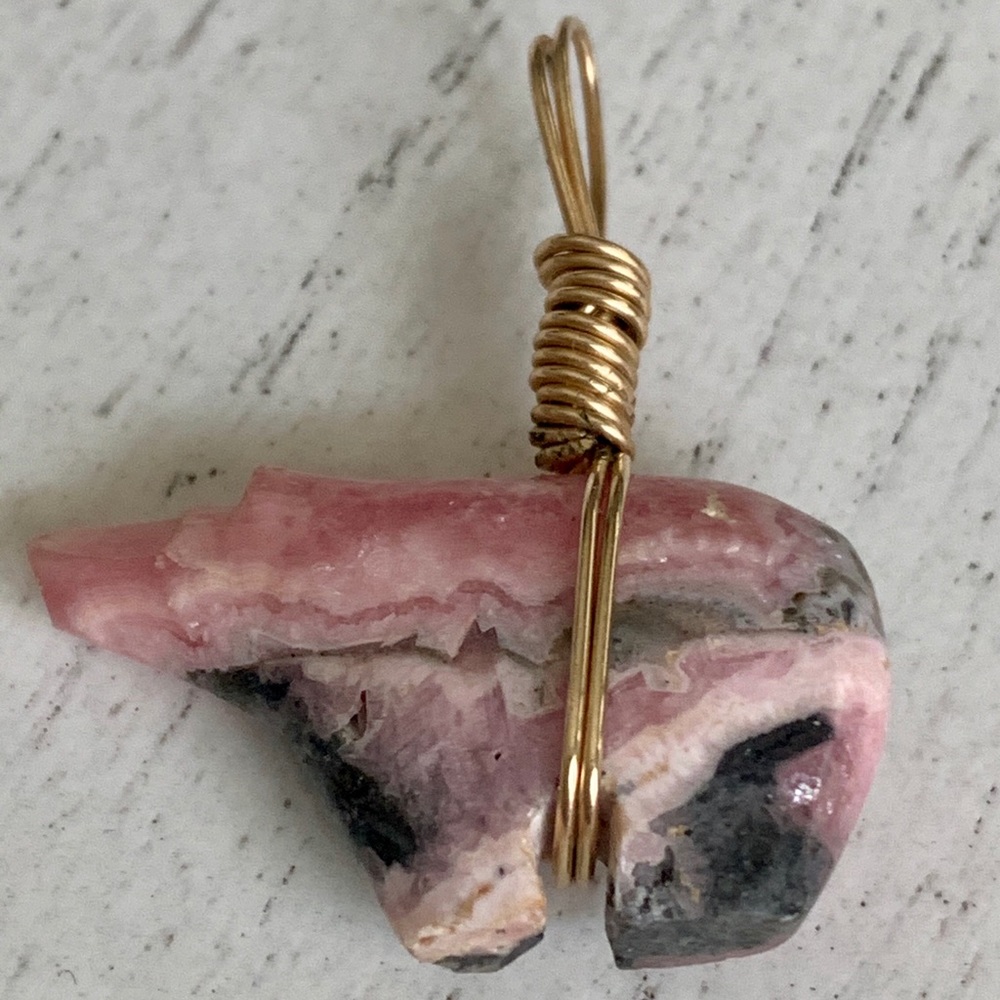 Carved Rose Quartz Bear Stone Pendant Wire Wrapped